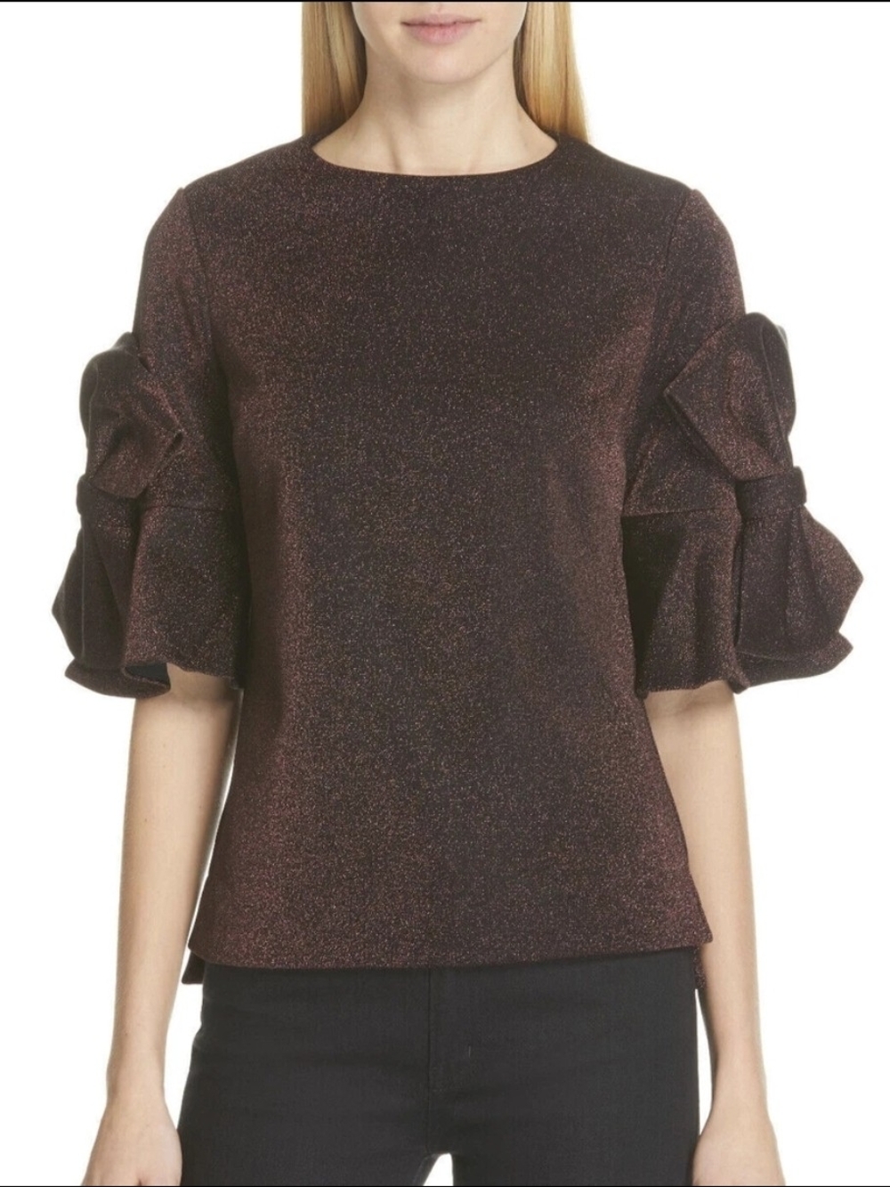 Ted Baker London Burgundy Solid Knit Blouse Bow Puff Short Sleeve Zip Back| 5